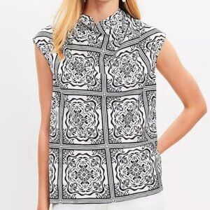 LOFT Printed Cap Sleeve Cowl Neck Satin Blouse Career Workwear Women's XS NWT